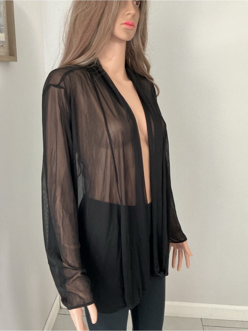 Sheer Black Open-Front Women's Robe r - Picture 4 of 8